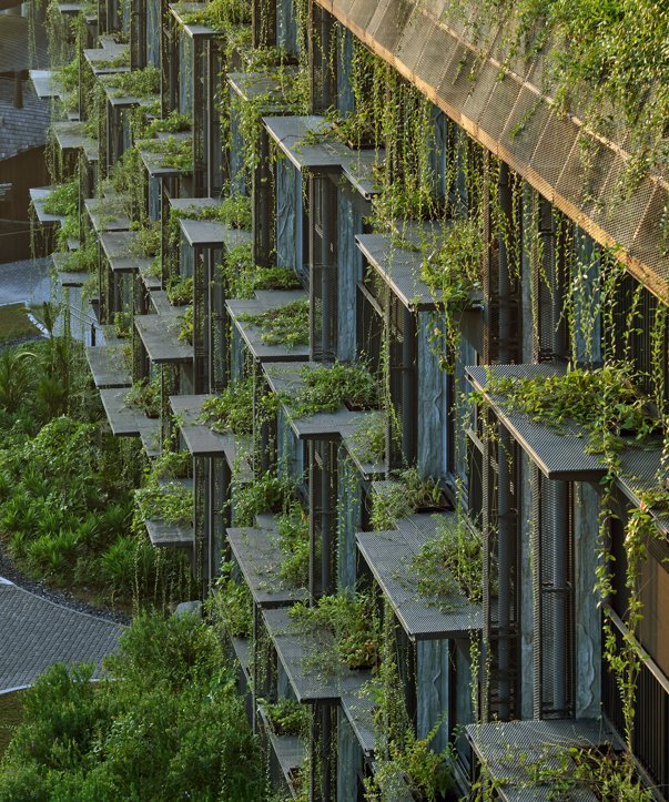 Precast concrete façade panels textured with bark and liana patterns, threaded with greenery