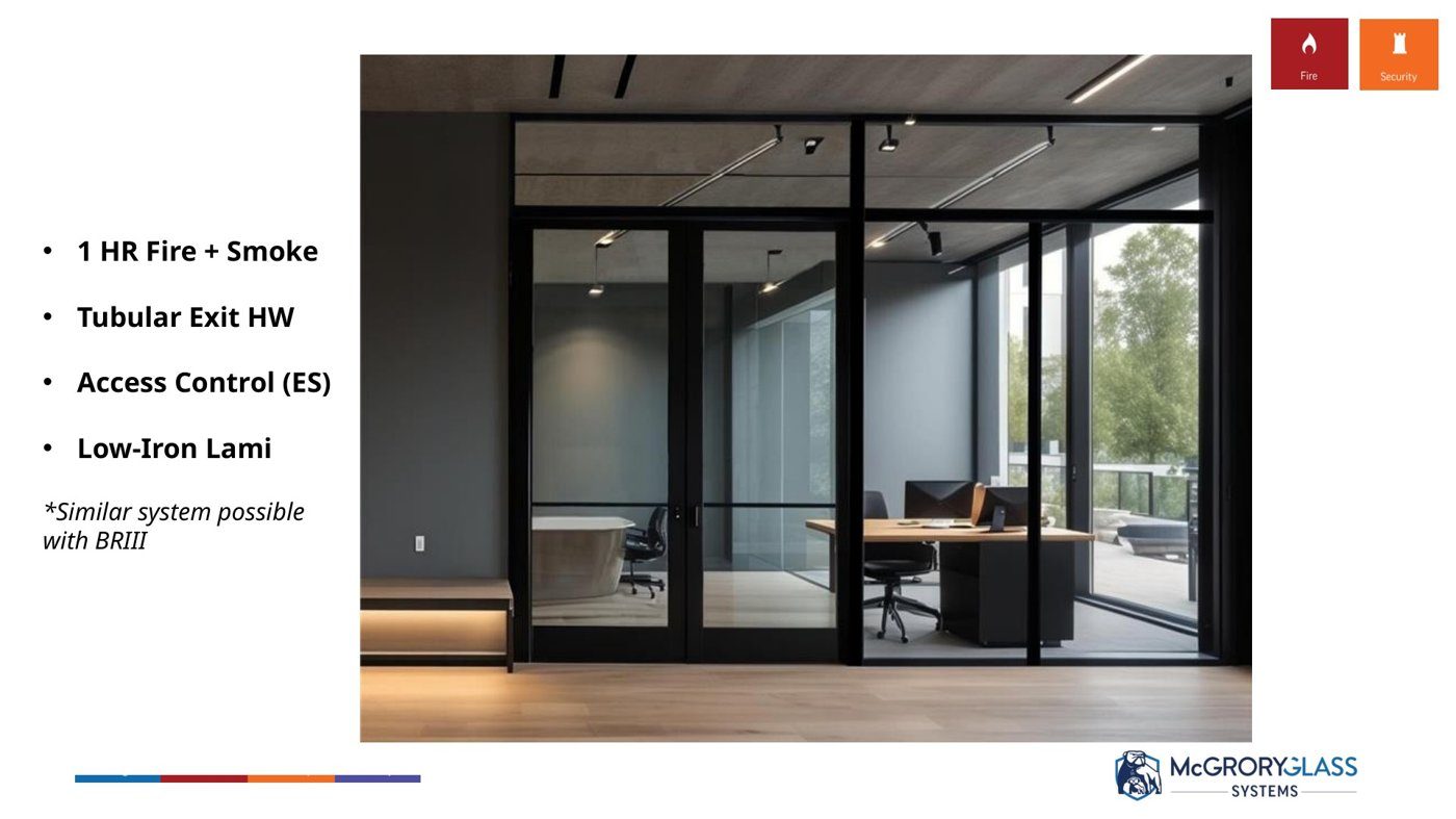 A one-hour fire-and-smoke assembly with access control and low-iron glazing