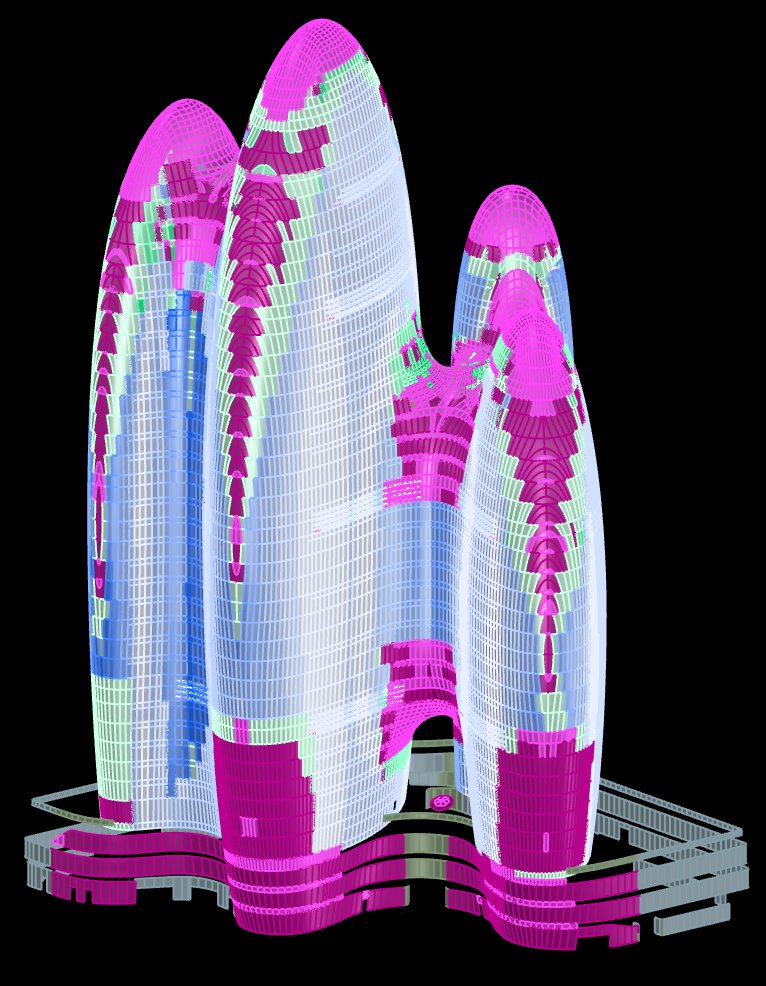 Every pane calculated separately. On the cold bent work a plug-in ties the model to finite element analysis so each piece is checked for wind load, bending and thermal effects.